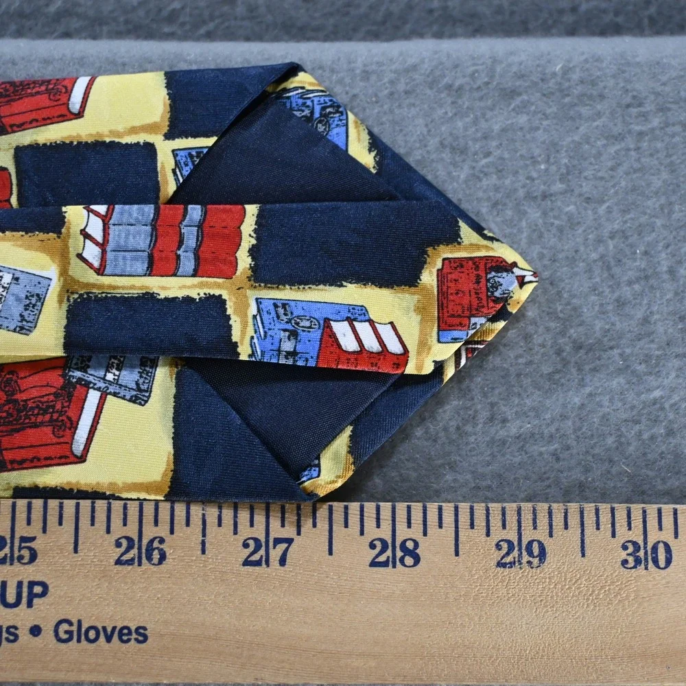 Leonardo Mens Bookshelf Print Library Necktie OS Navy Blue Yellow Red